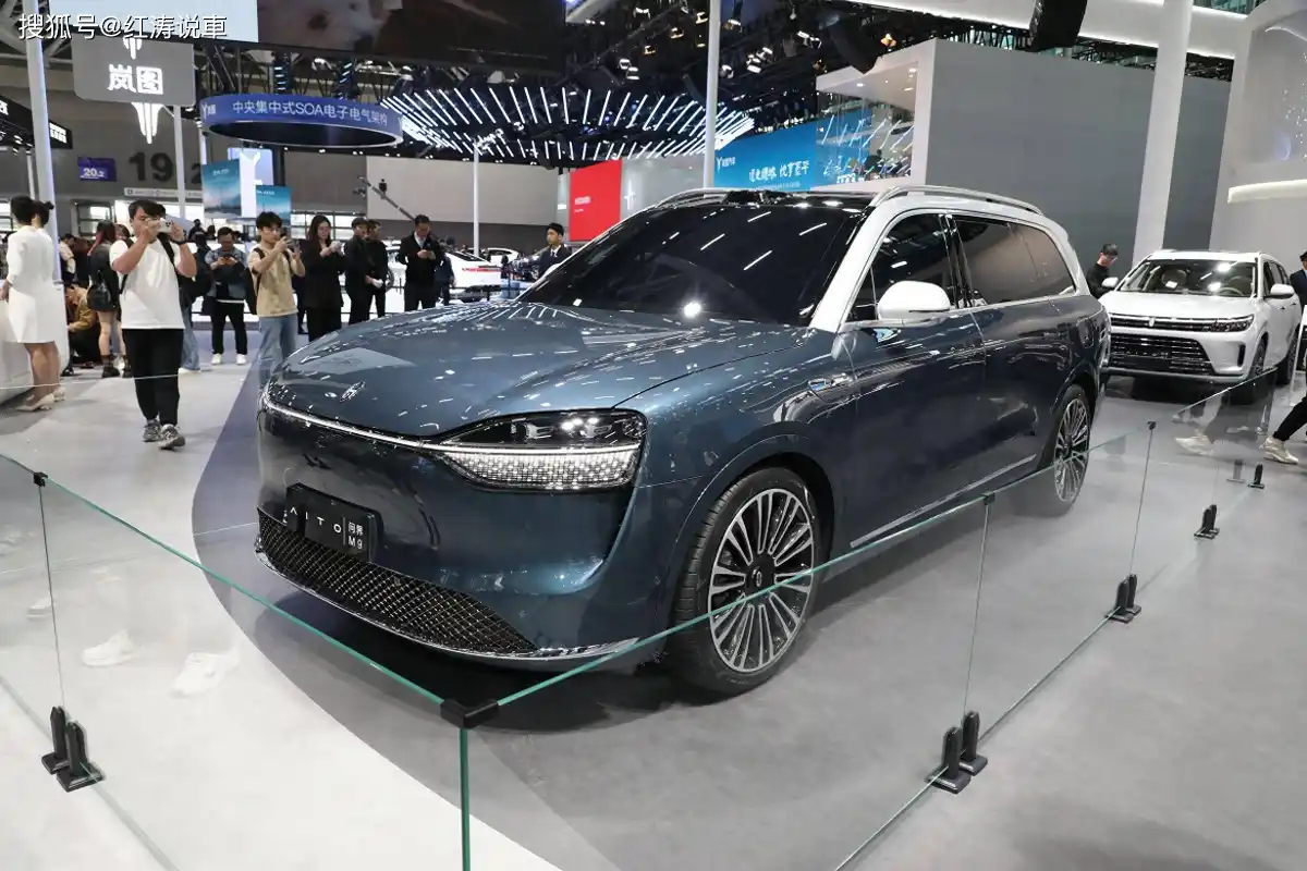2026 AITO M9 at Beijing Auto Show booth with 6 LiDAR sensors