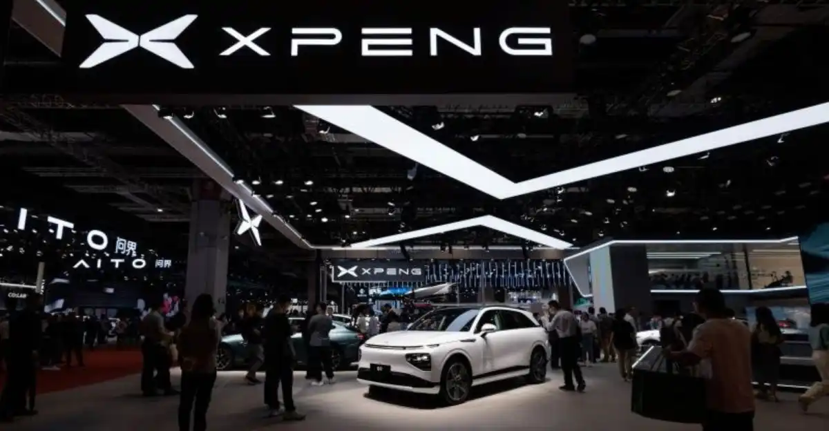 2026 Xpeng G9 at Beijing Auto Show booth with Turing AI chip label
